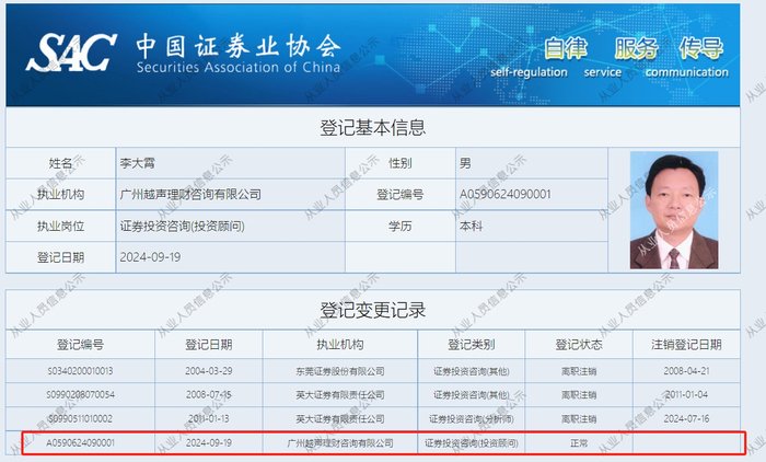 网红李大霄再就业，入职越声理财当投顾  第1张