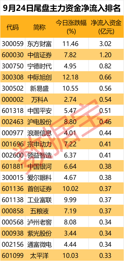 主力资金丨尾盘主力资金抢筹股出炉