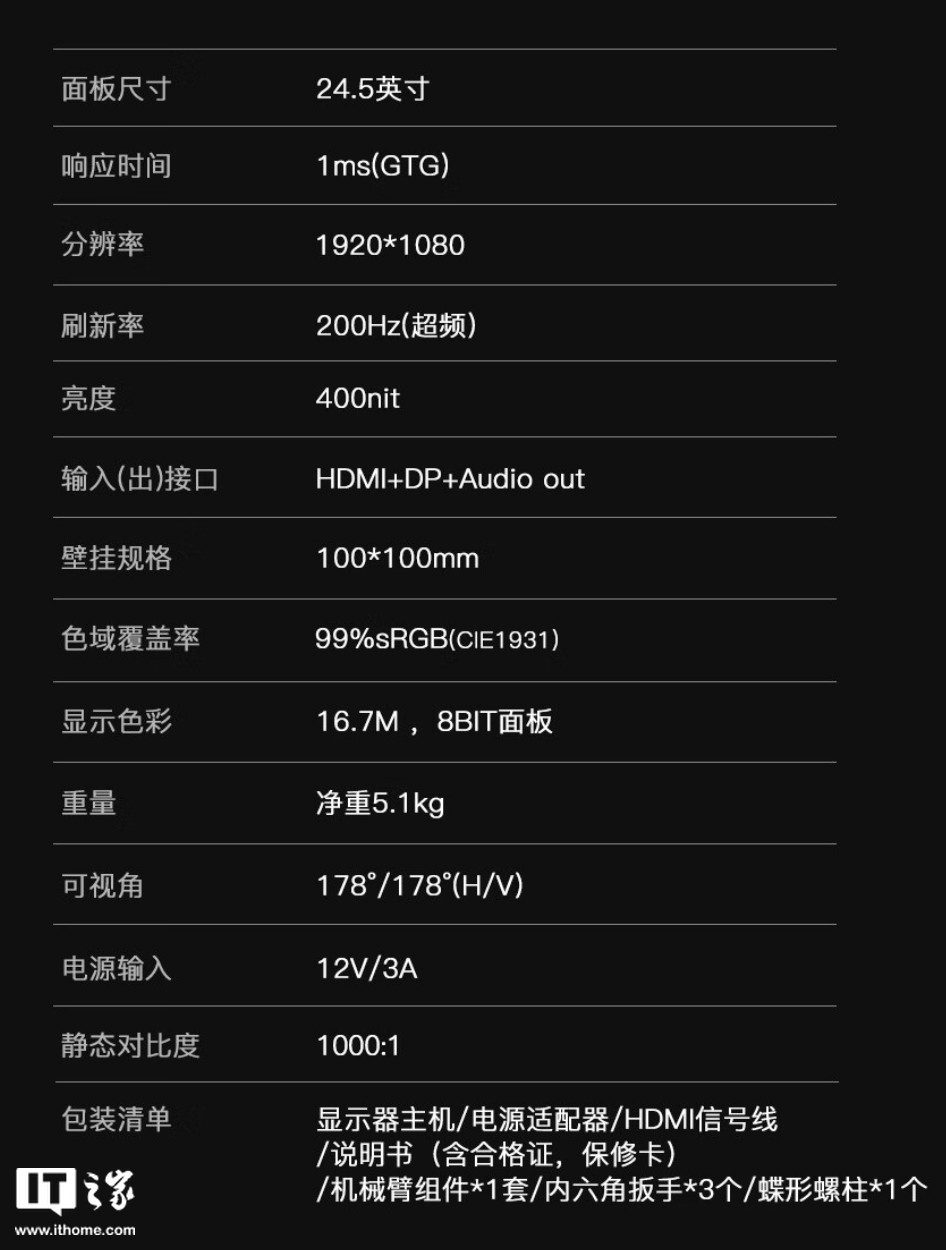 盛色“N50 Pro 5 机械臂版”24.5 英寸显示器首销：1080P 超频 200Hz，649 元  第5张